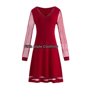 Μίντι φόρεμα από διχτυωτό ύφασμα με V-λαιμό και φουσκωτές μακριές μανίκες, πολυεστέρας 80-90%