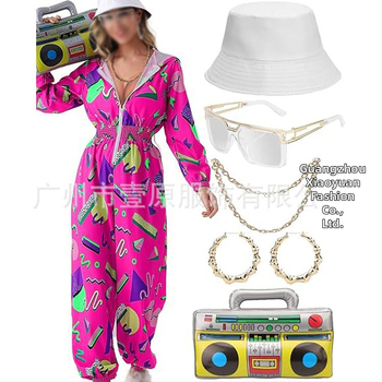 Sieviešu jumpsuit ar elastīgu jostu, garām piedurknēm, poliesteris, hipiju retro apdruka, pavasaris 2025