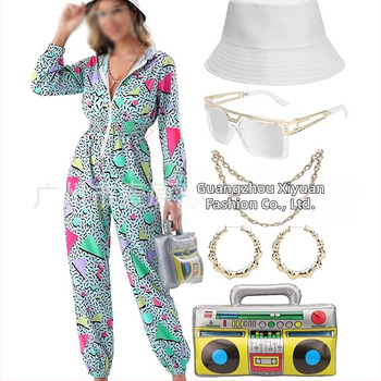 Sieviešu jumpsuit ar elastīgu jostu, garām piedurknēm, poliesteris, hipiju retro apdruka, pavasaris 2025