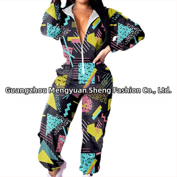 Sieviešu jumpsuit ar elastīgu jostu, garām piedurknēm, poliesteris, hipiju retro apdruka, pavasaris 2025