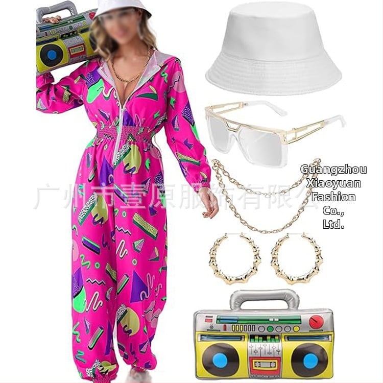 Sieviešu jumpsuit ar elastīgu jostu, garām piedurknēm, poliesteris, hipiju retro apdruka, pavasaris 2025