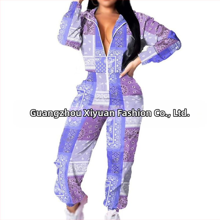 Sieviešu jumpsuit ar elastīgu jostu, garām piedurknēm, poliesteris, hipiju retro apdruka, pavasaris 2025