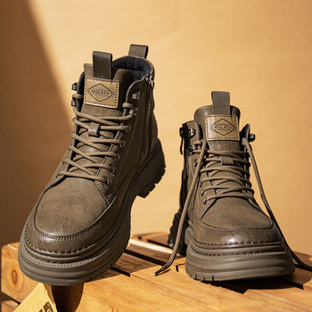 Ανδρικά δερμάτινα παπούτσια υψηλού κορμού για εργασία και casual, PU επάνω μέρος, σόλα από καουουτ, φλίς επένδυση, χαμηλό ύψος φτέρνας 1–3 cm