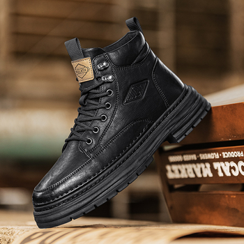 Ανδρικά δερμάτινα παπούτσια υψηλού κορμού για εργασία και casual, PU επάνω μέρος, σόλα από καουουτ, φλίς επένδυση, χαμηλό ύψος φτέρνας 1–3 cm
