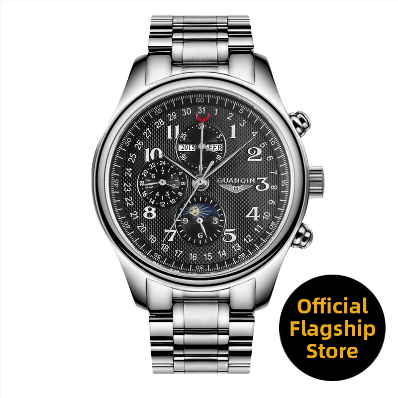Guanqin E58 Meeste käekell – Täisautomaatsionaalne mehaaniline, Roostevabast terasest korpus ja rihm, Safiirist kristall, Kalendaar, Ümmargune näidik, veekindel, mudel GJ16011
