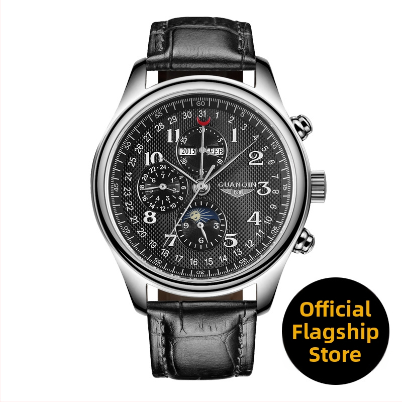 Guanqin E58 Meeste käekell – Täisautomaatsionaalne mehaaniline, Roostevabast terasest korpus ja rihm, Safiirist kristall, Kalendaar, Ümmargune näidik, veekindel, mudel GJ16011