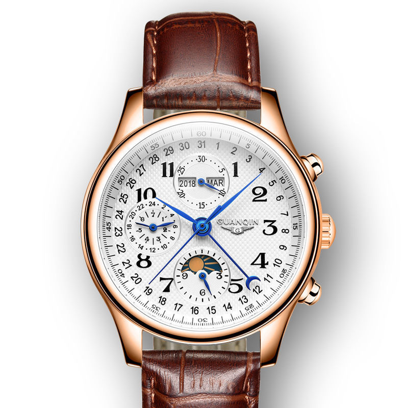 Guanqin E58 Meeste käekell – Täisautomaatsionaalne mehaaniline, Roostevabast terasest korpus ja rihm, Safiirist kristall, Kalendaar, Ümmargune näidik, veekindel, mudel GJ16011