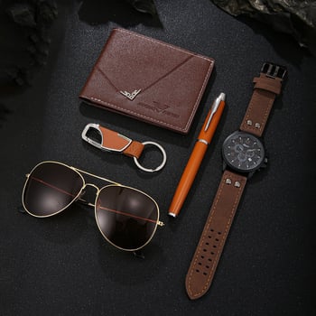 Σετ ρολογιών quartz με πορτοφόλι και γυαλιά ηλίου, καντράν διαμέτρου 42 mm, περίβλημα από κράμα, λουρί από συνθετικό δέρμα, κίνηση Zhongsheng