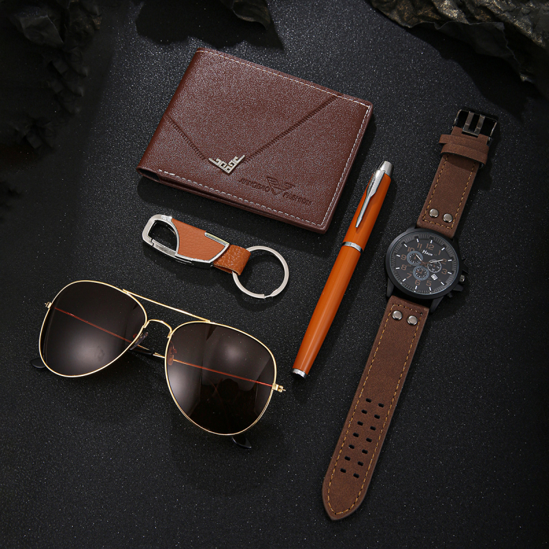 Kvartsikellade komplekt rahakoti ja päikeseprillidega, 42 mm dial, segukorpus, kunstnahast rihm, Zhongsheng liikumine
