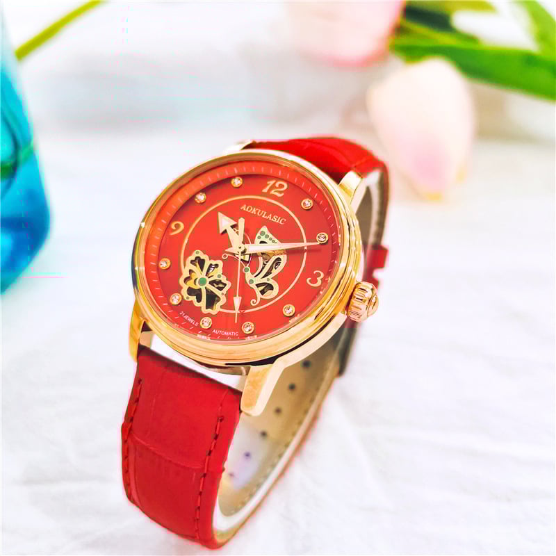 Ceas mecanic semi-automat pentru femei, skeleton – cadran 36 mm, rezistență la apă 30 m, curea din piele