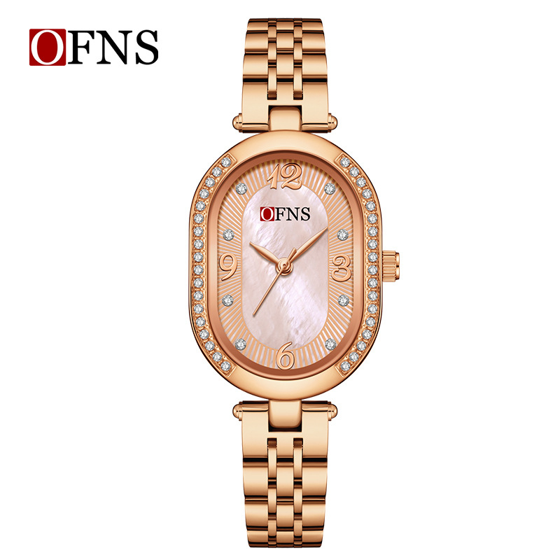 Naiste kvarts Käekell ovaalse pärlmutti dialiga, 24-tunniline indikaator, tsinksegal korpus, 30M veekindel