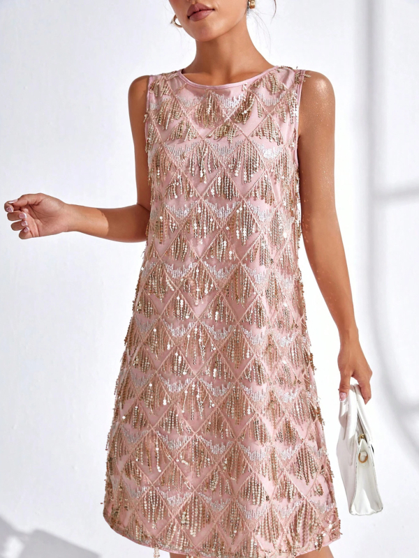 Рокля с пайети и пискюли, кръгло деколте, без ръкави, полиестер 95%+, спандекс