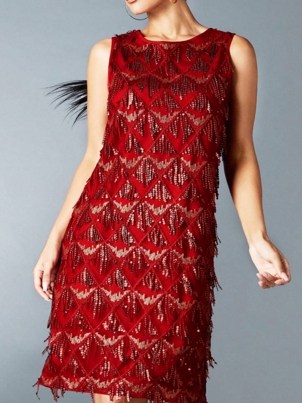 Рокля с пайети и пискюли, кръгло деколте, без ръкави, полиестер 95%+, спандекс