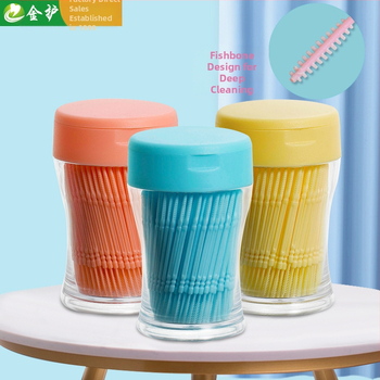 Διπλοκεφαλείς οδοντοκάλες από πλαστικό σε σχήμα ραβδιού-οστού ψαριού, μιας χρήσης, PP για τρόφιμα, 200–300 τεμάχια ανά φιάλη, 96 φιάλες ανά πακέτο, Toothguard/Gold Guard