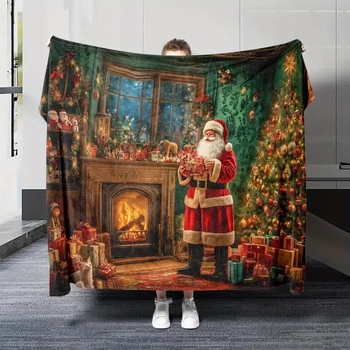 Flanelės pledas su židinio atvaizdu ir Kalėdų Seneliu – poliesterio pluoštas, svoris iki 300 g, tinkama visoms sezonoms, tipo pledas: flanelinis pledas, stilius modernus ir minimalistinis