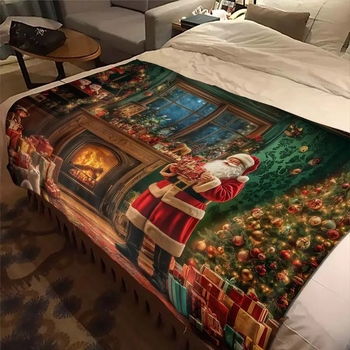 Flanelės pledas su židinio atvaizdu ir Kalėdų Seneliu – poliesterio pluoštas, svoris iki 300 g, tinkama visoms sezonoms, tipo pledas: flanelinis pledas, stilius modernus ir minimalistinis