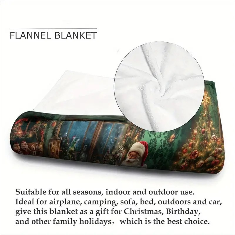 Flanelės pledas su židinio atvaizdu ir Kalėdų Seneliu – poliesterio pluoštas, svoris iki 300 g, tinkama visoms sezonoms, tipo pledas: flanelinis pledas, stilius modernus ir minimalistinis