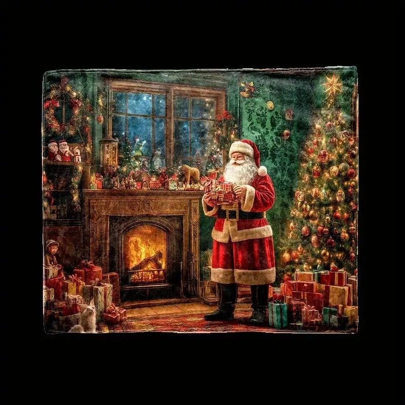 Flanelės pledas su židinio atvaizdu ir Kalėdų Seneliu – poliesterio pluoštas, svoris iki 300 g, tinkama visoms sezonoms, tipo pledas: flanelinis pledas, stilius modernus ir minimalistinis