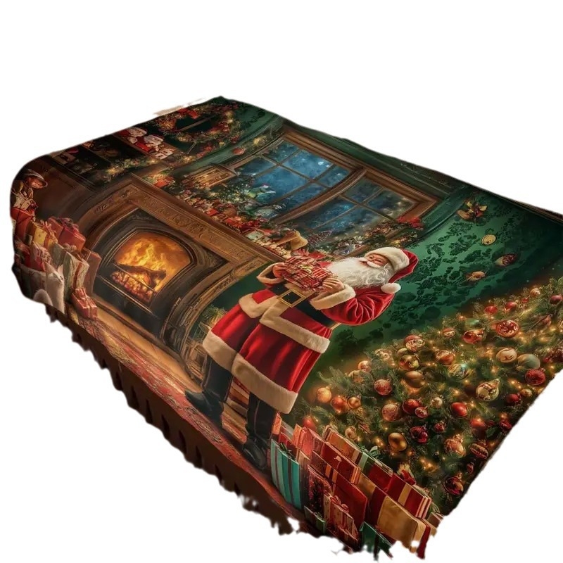 Flanelės pledas su židinio atvaizdu ir Kalėdų Seneliu – poliesterio pluoštas, svoris iki 300 g, tinkama visoms sezonoms, tipo pledas: flanelinis pledas, stilius modernus ir minimalistinis
