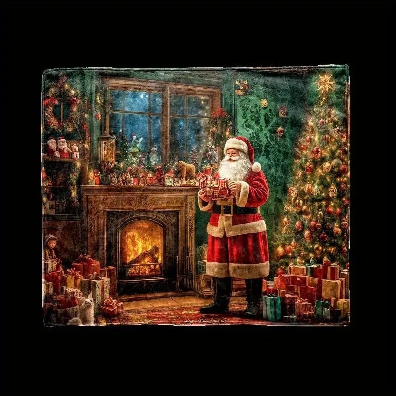 Flanelės pledas su židinio atvaizdu ir Kalėdų Seneliu – poliesterio pluoštas, svoris iki 300 g, tinkama visoms sezonoms, tipo pledas: flanelinis pledas, stilius modernus ir minimalistinis