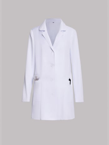 Медицински бял халат за лекари и зъболекари, дълги ръкави, яка тип ла-пел, еднотипен модел, 95% полиестер, влагоотводящ