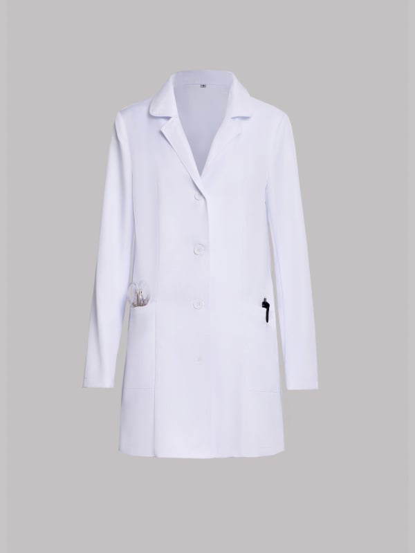 Медицински бял халат за лекари и зъболекари, дълги ръкави, яка тип ла-пел, еднотипен модел, 95% полиестер, влагоотводящ