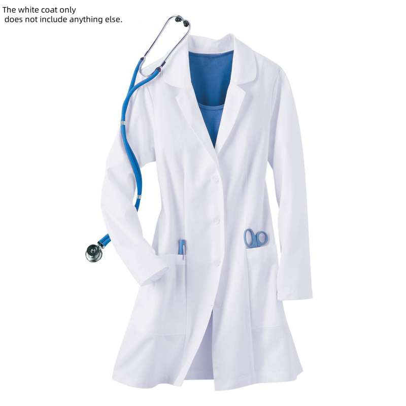 Медицински бял халат за лекари и зъболекари, дълги ръкави, яка тип ла-пел, еднотипен модел, 95% полиестер, влагоотводящ