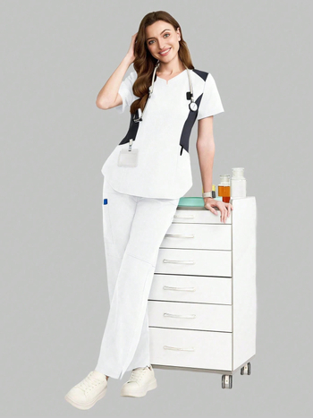 Σετ scrub με V-λαιμό, κοντά μανίκια, με πολλαπλές τσέπες, δύο τεμάχια, υφάσματα που απομακρύνουν την υγρασία (πολυεστέρα-ελαστάνη), μακριά παντελόνια, για ιατρικό και κομμωτικό/καλλυντικό σαλόνι