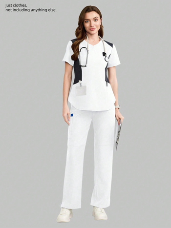 Σετ scrub με V-λαιμό, κοντά μανίκια, με πολλαπλές τσέπες, δύο τεμάχια, υφάσματα που απομακρύνουν την υγρασία (πολυεστέρα-ελαστάνη), μακριά παντελόνια, για ιατρικό και κομμωτικό/καλλυντικό σαλόνι