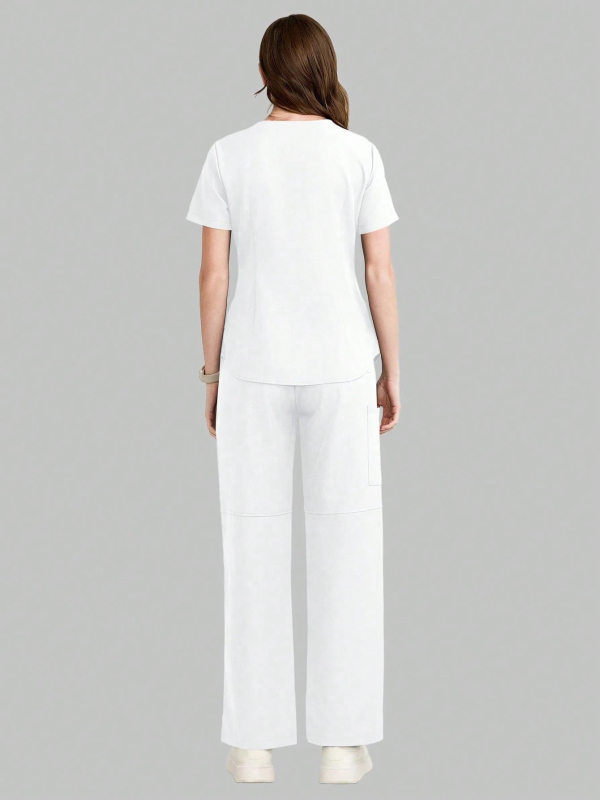 V-kaelusega lühikeste varrukatega tööscrub komplekt mitme taskuga, kaheosaline, niiskust juhtiv polüester-elastaan kangas, pikad püksid, meditsiini ja ilu salongi kasutamiseks