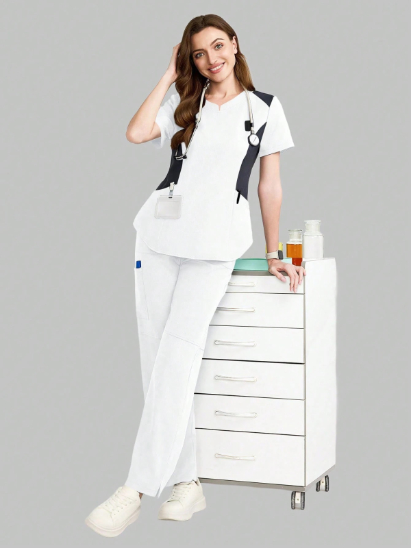 V-kaelusega lühikeste varrukatega tööscrub komplekt mitme taskuga, kaheosaline, niiskust juhtiv polüester-elastaan kangas, pikad püksid, meditsiini ja ilu salongi kasutamiseks