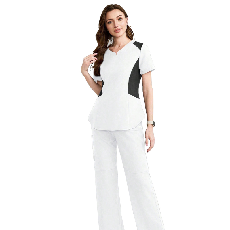 V-kaelusega lühikeste varrukatega tööscrub komplekt mitme taskuga, kaheosaline, niiskust juhtiv polüester-elastaan kangas, pikad püksid, meditsiini ja ilu salongi kasutamiseks
