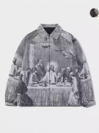 Jachetă cu fermoar, croială lejeră, mâneci lungi, imprimare 3D digitală pe poliester cu căptușeală fleece, toamnă