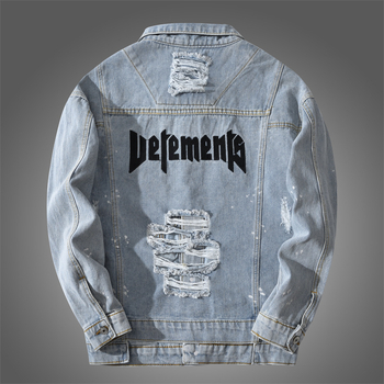 Jachetă denim pentru bărbați, 98% bumbac, guler rever, croială lejeră, cu nasturi, mâneci lungi, broderie cu litere