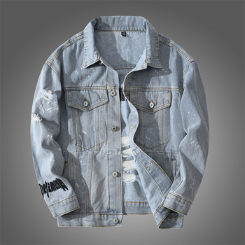 Jachetă denim pentru bărbați, 98% bumbac, guler rever, croială lejeră, cu nasturi, mâneci lungi, broderie cu litere