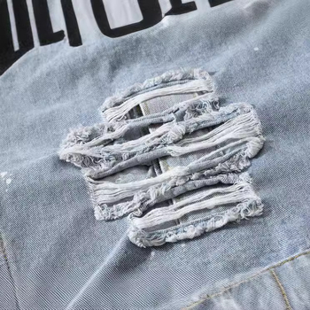 Jachetă denim pentru bărbați, 98% bumbac, guler rever, croială lejeră, cu nasturi, mâneci lungi, broderie cu litere