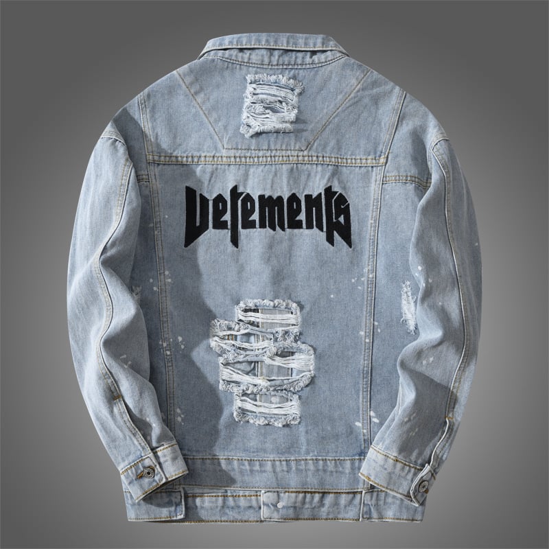 Jachetă denim pentru bărbați, 98% bumbac, guler rever, croială lejeră, cu nasturi, mâneci lungi, broderie cu litere