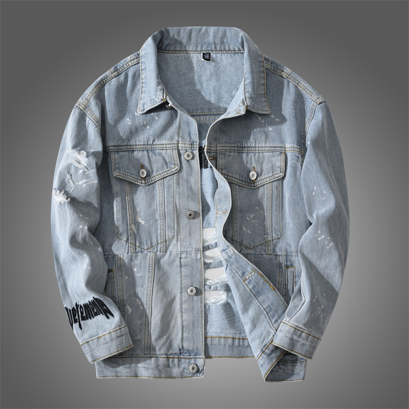 Jachetă denim pentru bărbați, 98% bumbac, guler rever, croială lejeră, cu nasturi, mâneci lungi, broderie cu litere