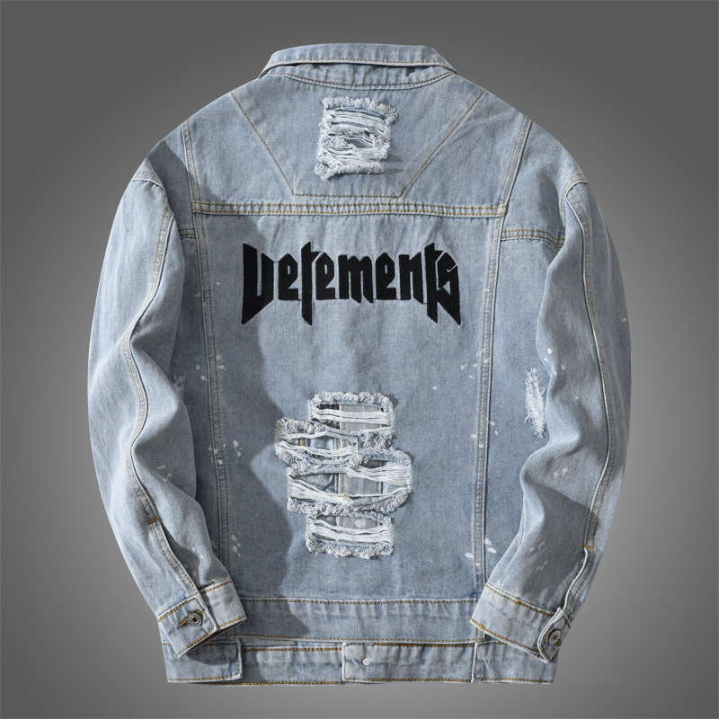 Jachetă denim pentru bărbați, 98% bumbac, guler rever, croială lejeră, cu nasturi, mâneci lungi, broderie cu litere