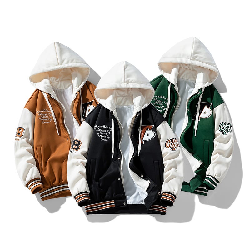 Jachetă unisex în stil Hong Kong, cu căptușeală din fleece, model pătrățos, glugă
