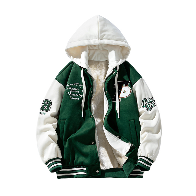 Jachetă unisex în stil Hong Kong, cu căptușeală din fleece, model pătrățos, glugă