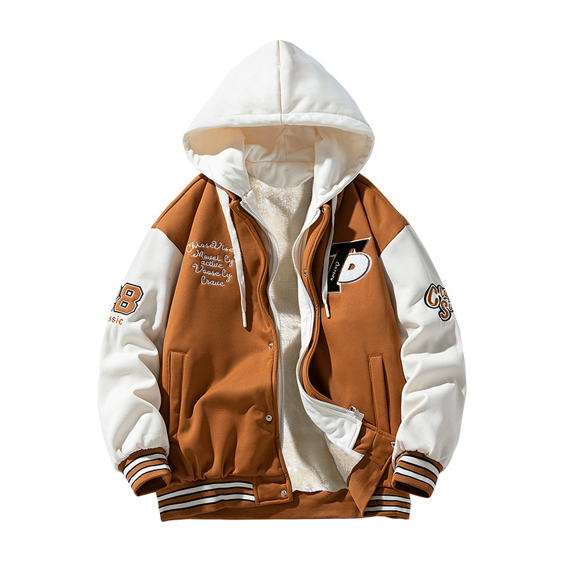 Jachetă unisex în stil Hong Kong, cu căptușeală din fleece, model pătrățos, glugă