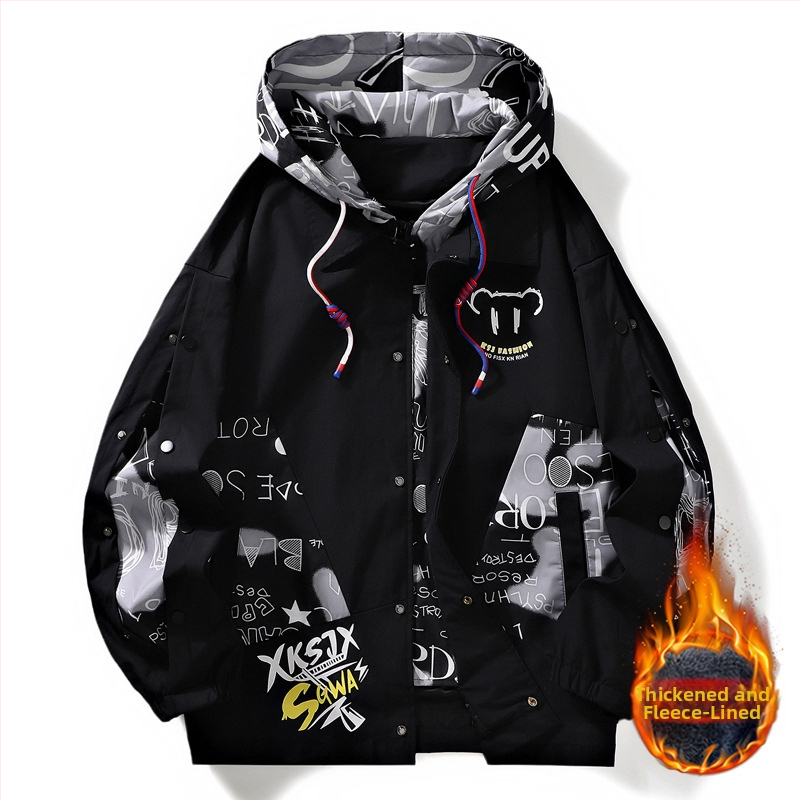 Vīriešu ziemas jaka ar kapuci, brīvs piegriezums, bez apkakles, priekšā rāvējslēdzējs, Hongkong stils, ārējais un pildījums 100% poliesters, bieza, garas piedurknes, kabatu dekorācijas