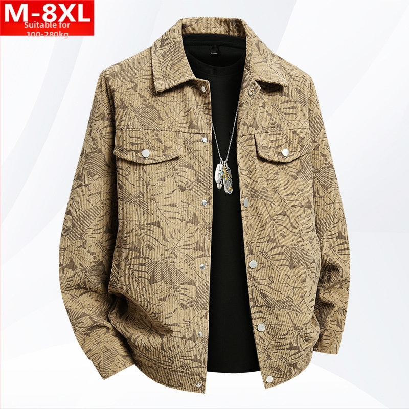 Muška corduroy jakna s printom, širok kroj, rever, dugi rukavi, Plus Size, proljetno-jesenska casual jakna, stil inspiriran Hong Kongom