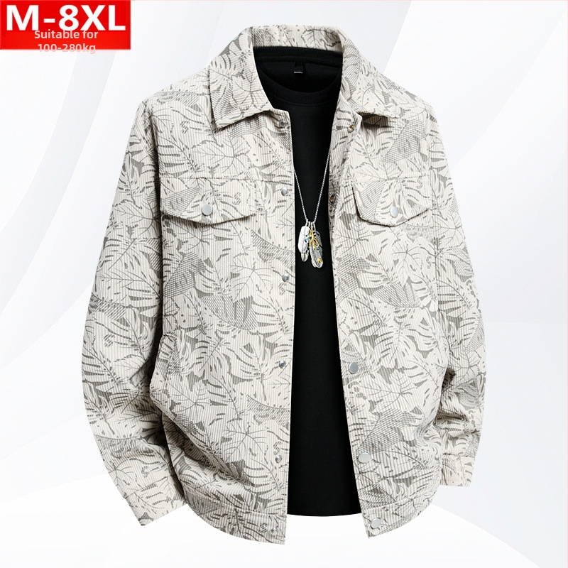 Muška corduroy jakna s printom, širok kroj, rever, dugi rukavi, Plus Size, proljetno-jesenska casual jakna, stil inspiriran Hong Kongom