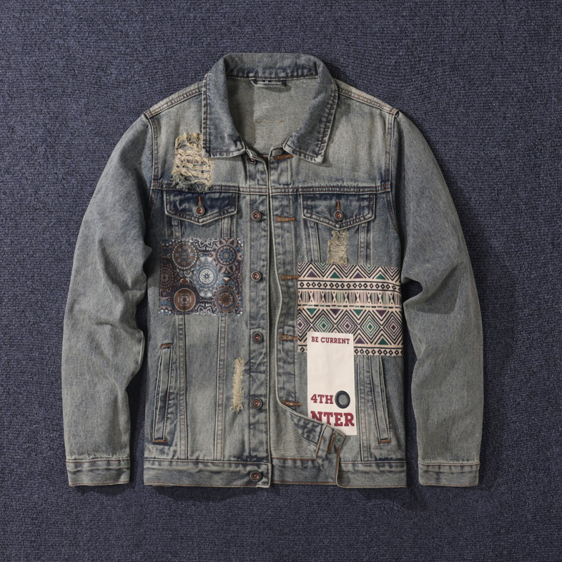 Džinsa jaka vīriešiem ar vintage stilu, četru sezonu nēsāšanai, kokvilnas audums 75%, apkakle ar reveri, vienrindas pogu aizdare