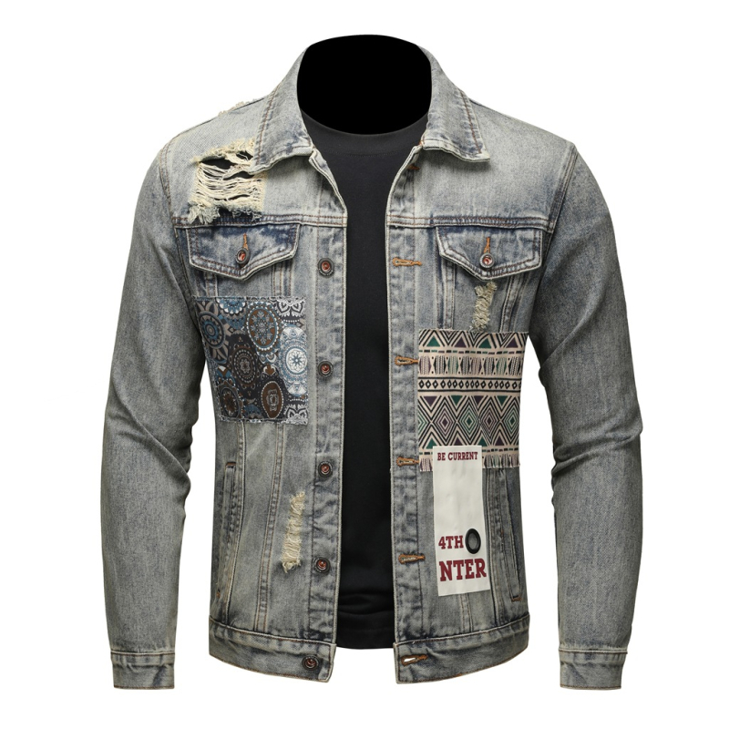 Džinsa jaka vīriešiem ar vintage stilu, četru sezonu nēsāšanai, kokvilnas audums 75%, apkakle ar reveri, vienrindas pogu aizdare