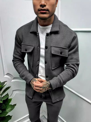 Μπουφάν με επένδυση φλίς, γιακάς με πέτο, μονόκλειστο κούμπωμα, χαλαρή γραμμή, πολυεστερικό μείγμα