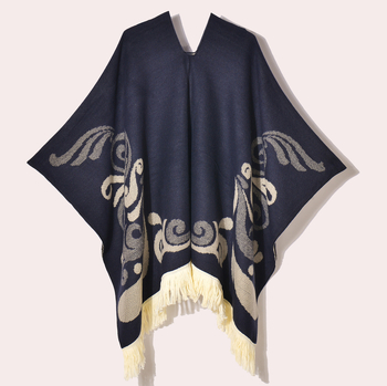 Ženski vintage šal-kapulja s resicama, jacquard tkanina, geometrijski uzorak, širina 130 cm, umjetni kašmir