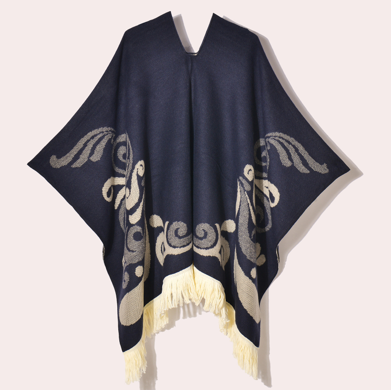 Ženski vintage šal-kapulja s resicama, jacquard tkanina, geometrijski uzorak, širina 130 cm, umjetni kašmir
